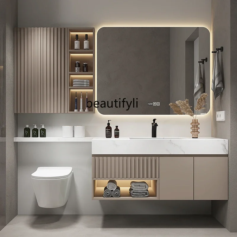 56Light Luxury Bathroom Cabinet Combination Extended Stone Plate Bathroom Cabinet Bathroom Wash Basin Integrated Mirror