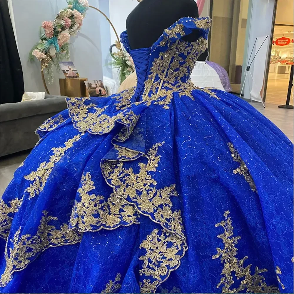 ANGELSBRIDEP Glitzernde königsblaue Quinceanera-Kleider, goldene Spitze, Kristall, Vestidos de 15 Jahre, Geburtstagsfeier, Abschlussball, individuell