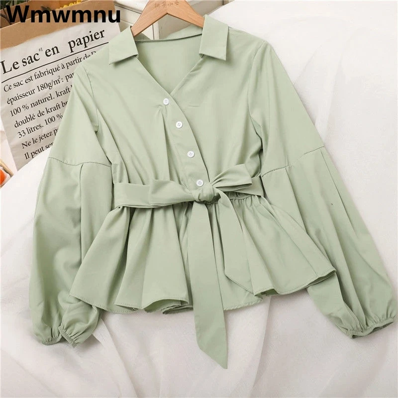 Korean V-neck New Ruffle Shirt Women Elegant Lantern Sleeve Blousa Casual Elastic Waist Blouses Fashion Sweet  Lace Up Tops