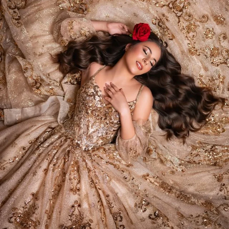 Personnalisé brillant champagne or Quinceanera robes hors De l'épaule tulle cristal applique arc dentelle robe De 15 Quinceanera