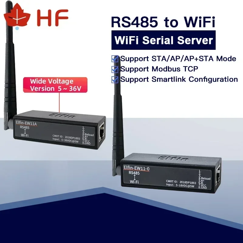 Elfin-EW11A-0 Dispositivos de rede sem fio, Modbus TPC, Função IP, RJ45, RS485 para servidor serial WIFI, DTU, menor serial, 5-36V