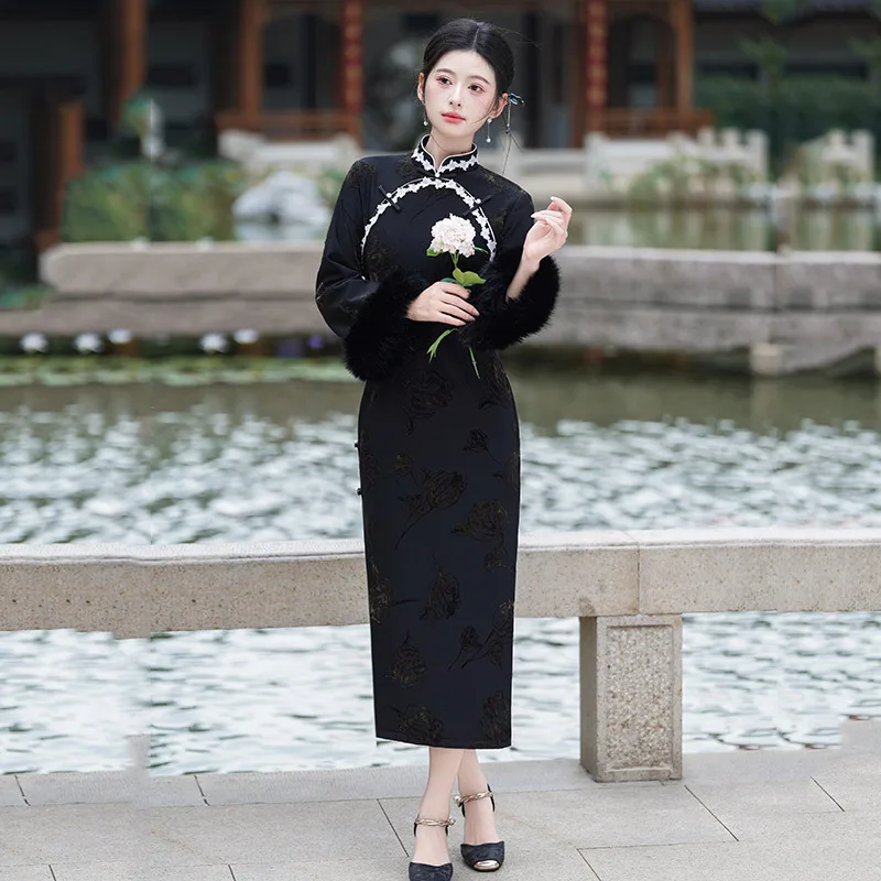 Preto grosso inverno estilo chinês manga longa cheongsam 2025 novo melhorado jovem feminino retro outono qipao vestido