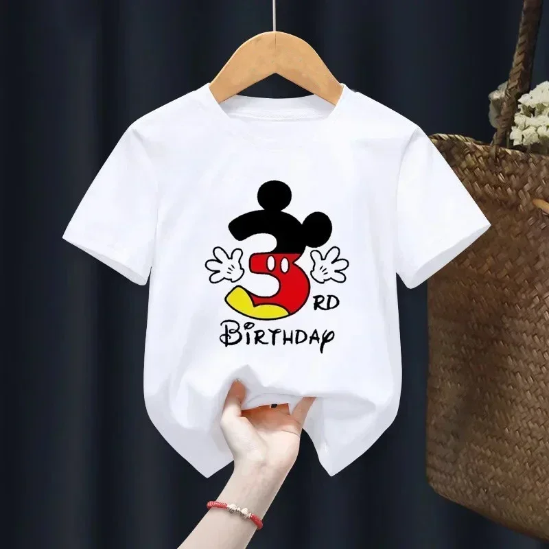 

Disney Mickey Mouse Children T Shirt 2-14 Birthday Number Cotton T-shirt Birthday Gift Clothes Baby Letter Top Summer Kid Tshirt