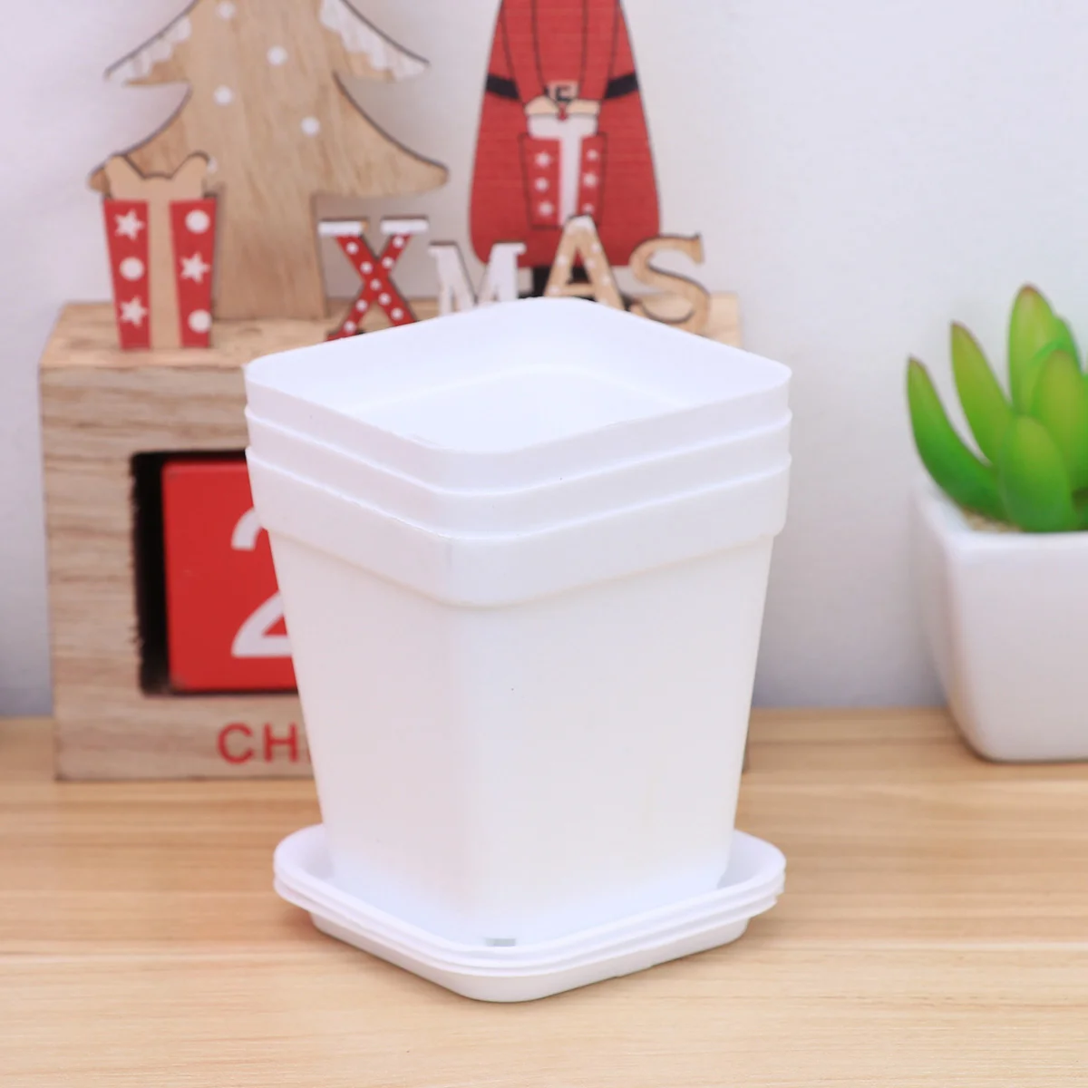 6pcs Square Flower Pot Pots Pots Drainage Hole With Bottom Tray for Office Balcony Gardening Container Decor ( White )