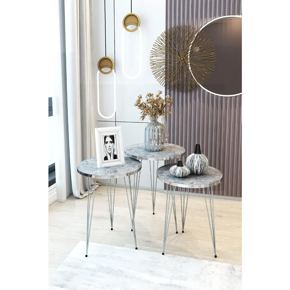 مجموعة من 3 طاولات جانبية متداخلة بأرجل فضية من الرخام الرمادي اللامع، طاولات جانبية للقهوة قابلة للتكديس من الخشب المستدير مع معدن #4