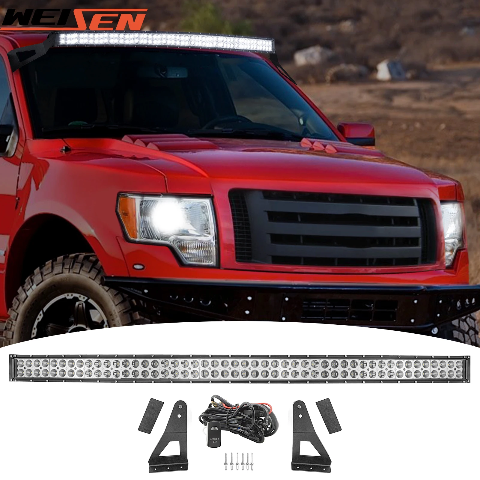 

For 2004-2018 Ford F150 SVT Raptor 52" Curved LED Light Bar+ Mounting Brackets+Wiring Harness with Universal Switch Accessories