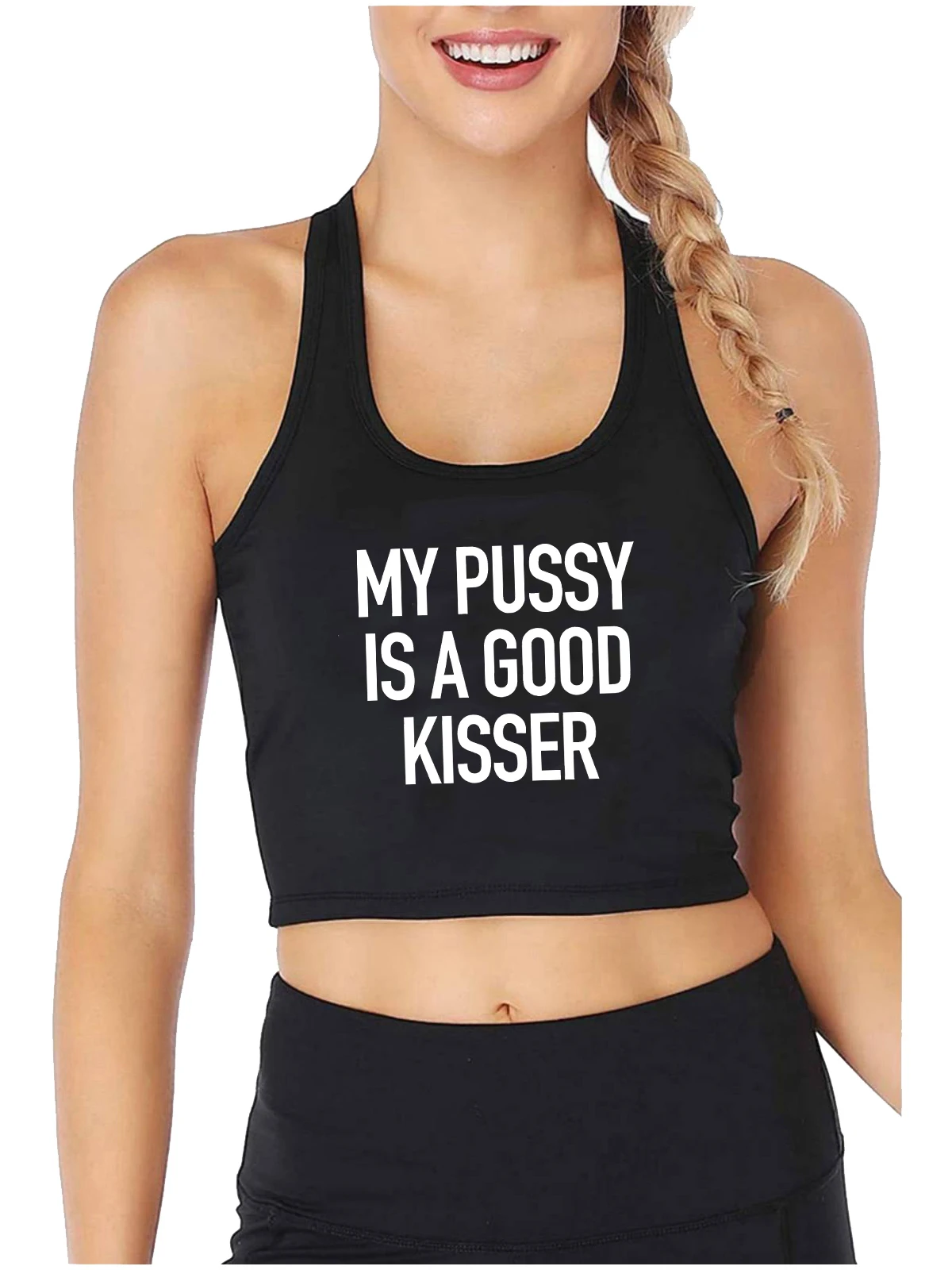 

My Pussy Is A Good Kisser Design Sexy Slim Fit Crop Top Hotwife Humorous Flirty Style Tank Tops Swinger Funny Naughty Camisole