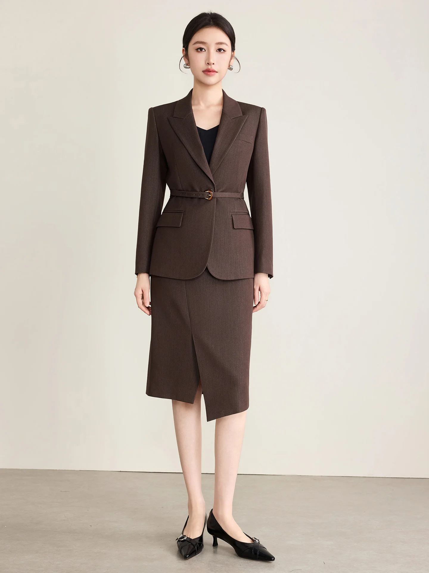 

Deep Caramel Color Women's Suit Set Spring New Style Commute Workwear Elegant Personality Business Coat And Skirt Outfit
