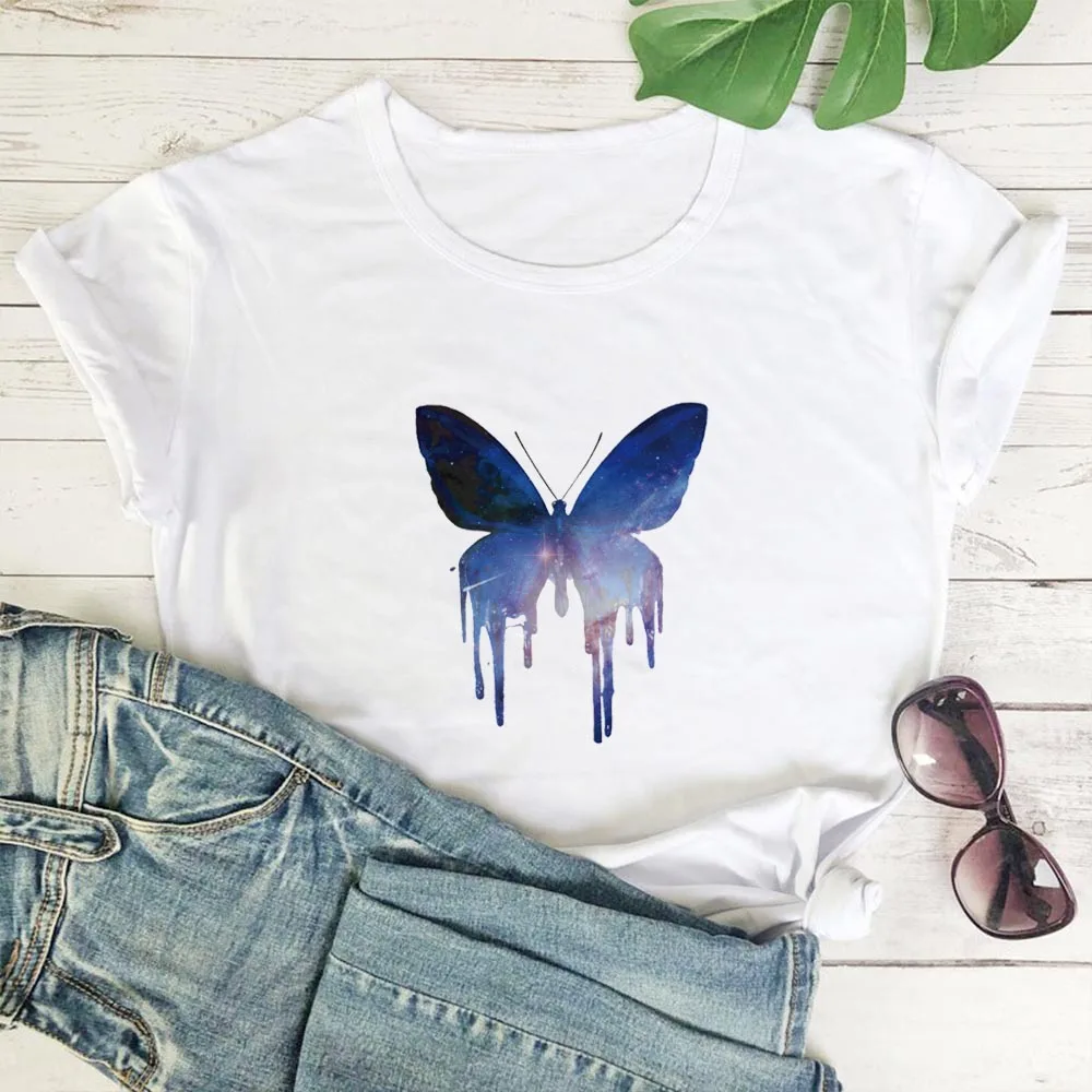 

Women Casual Summer Aesthetic Hipster Tshirt Starry Sky Butterfly T-shirt Harajuku Funny Graphic Print