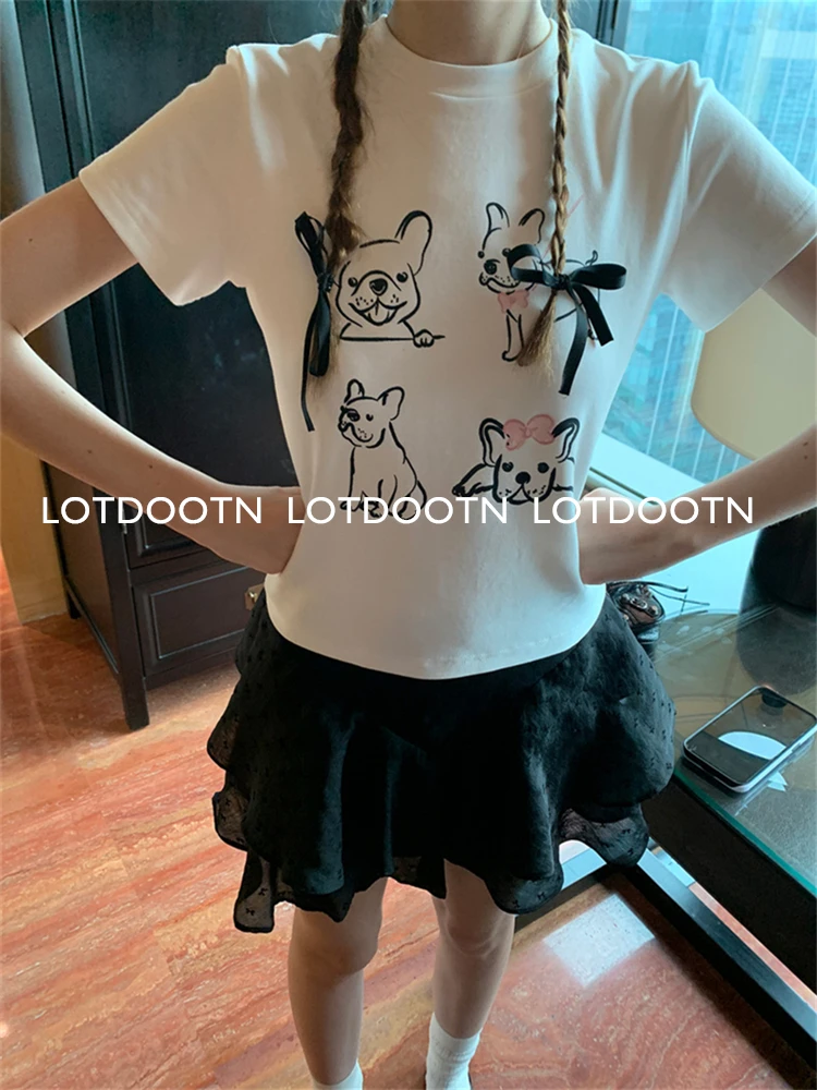 LOTDOOTN Sexy E-girl Baby Tee Streetwear Y2k Clothes Cute Puppy Print Crop Tops Cotton Elasticity Short Sleeve Slim Tops Women