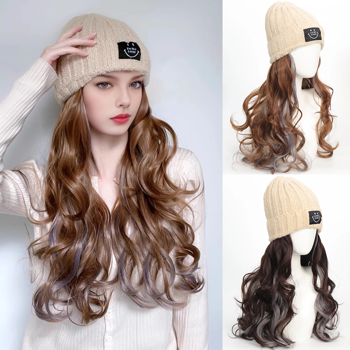 Synthetic Hat Wigs Knit Hat With 18Inch Long Wavy Curly Hair Extensions Wig Warm Knitted Hat Wig For Women Autumn Winter