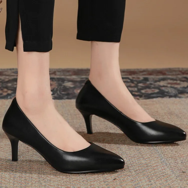 

Red Bottom High Heels Women's Leather Shoes Thin Heel Interview Professional Work Black Leather Fashion Single Shoes Commute