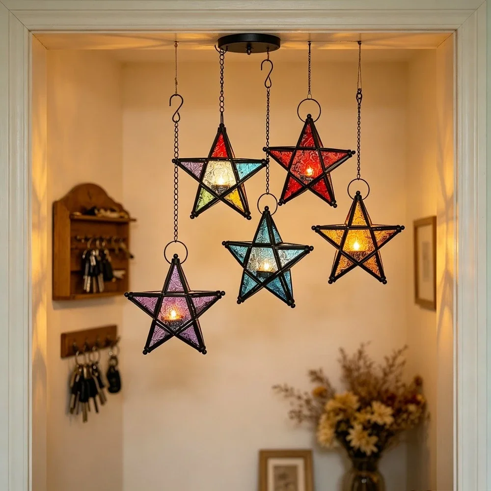 Retro Metal Framed Star Candle Lantern Multicolor Stained Glass Hanging Tealight Holder Christmas Wedding Party Hanging Decor