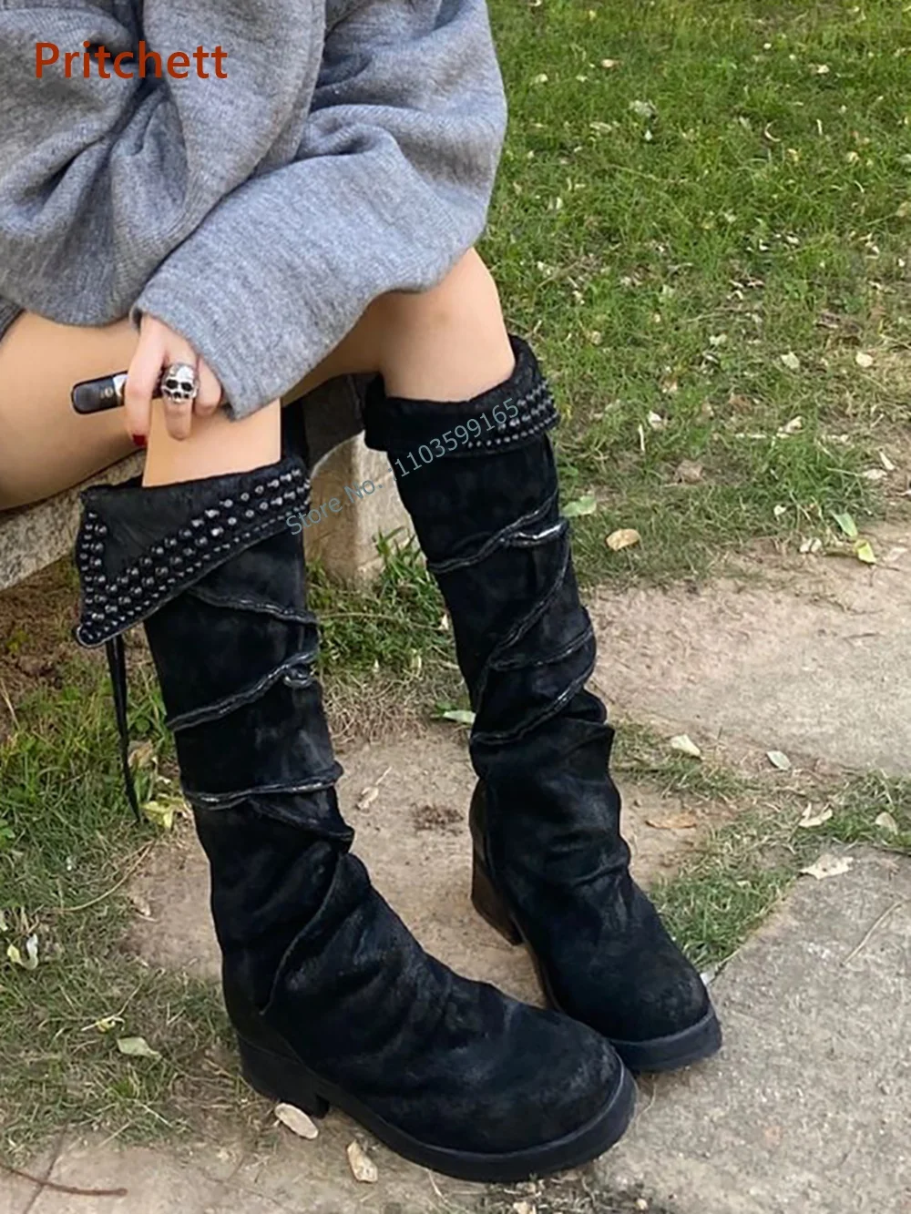 Solid Rivet Knee High Boots Round Toe Thick Soled Zipper Pleated Turn Up Women\'s Shoes Black Winter Leisure Modern Boots