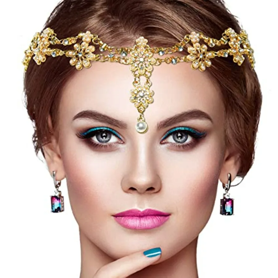 

Head Chain Jewelry Headband Crystal Bohemian Hair Accessories with Peal Women Head Chains Forehead Chain Rhinestone Headpieces