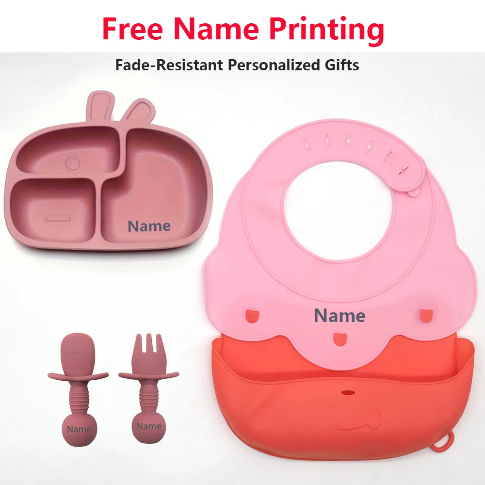 Customizable Silicone Tableware Set for Babies - Waterproof Easy to Clean with Free Name Engraving Creative Gift Idea