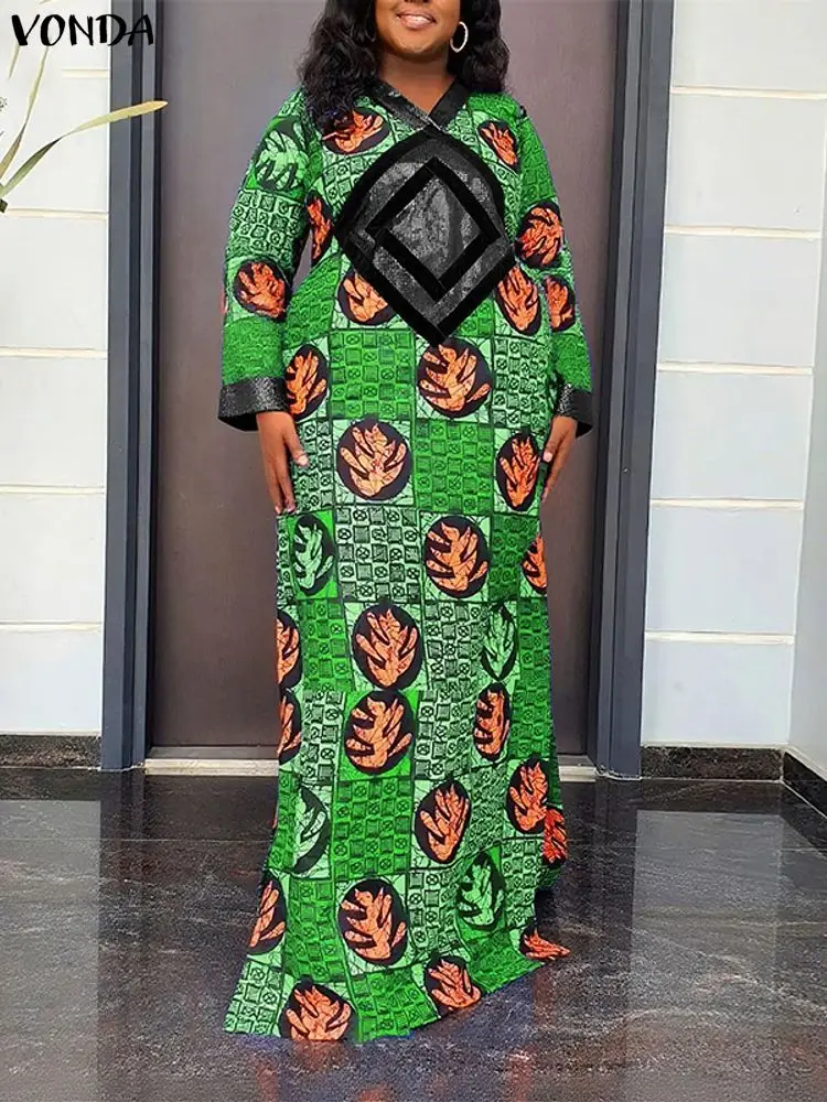 Vonda plus size 5xl vintage impressão vestidos femininos manga longa casual boêmio maxi vestido de verão moda com decote em v oversized festa robe