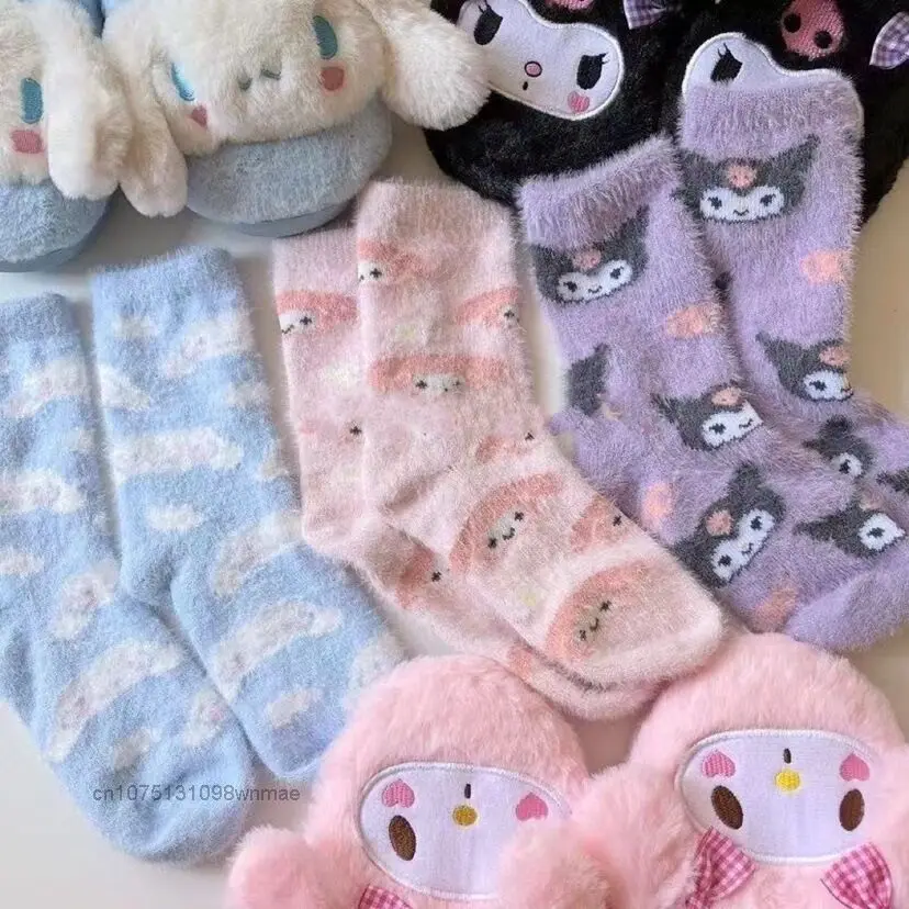 3 Pairs/Set Sanrio Melody Kuromi Mink Plush Socks Autumn and Winter Girl's Home Floor Socks Cold proof Postpartum Baby Socks