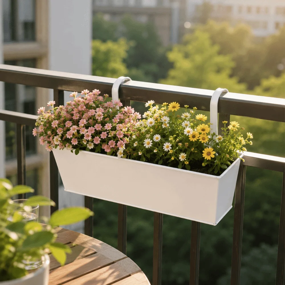 Modern Outdoor Plants Planter Metal Iron Window Box Hanging Flower Pots Wall Mount Weather-Resistant Fence Buckets Railings