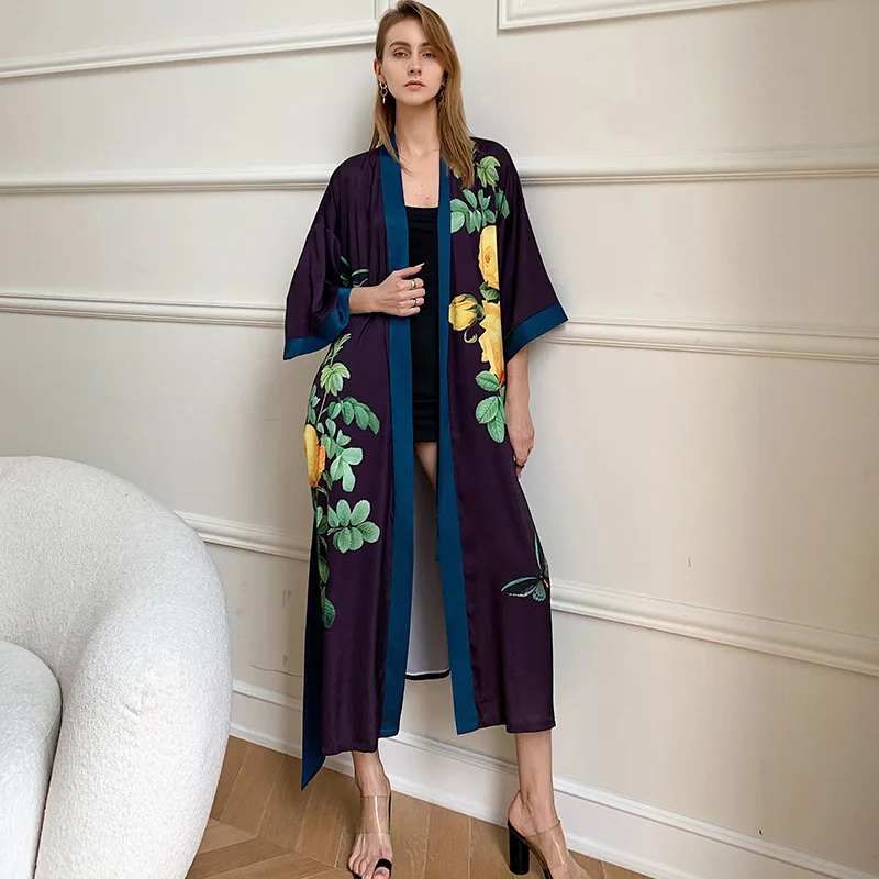 Female Long Robe Nightgown Print Crane Kimono Bathrobe Gown Sleepwear Spring Summer Casual Silk Satin Home Dress Lounge Wear