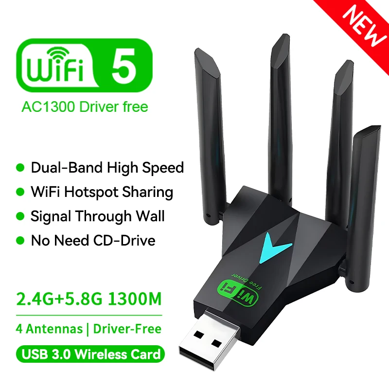 

Dual Band 1300Mbps WiFi USB Adapter 2.4G/5Ghz Wi-Fi Dongle USB3.0 802.11AC 4-Antenna Wireless Receiver For PC/Laptop Driver Free