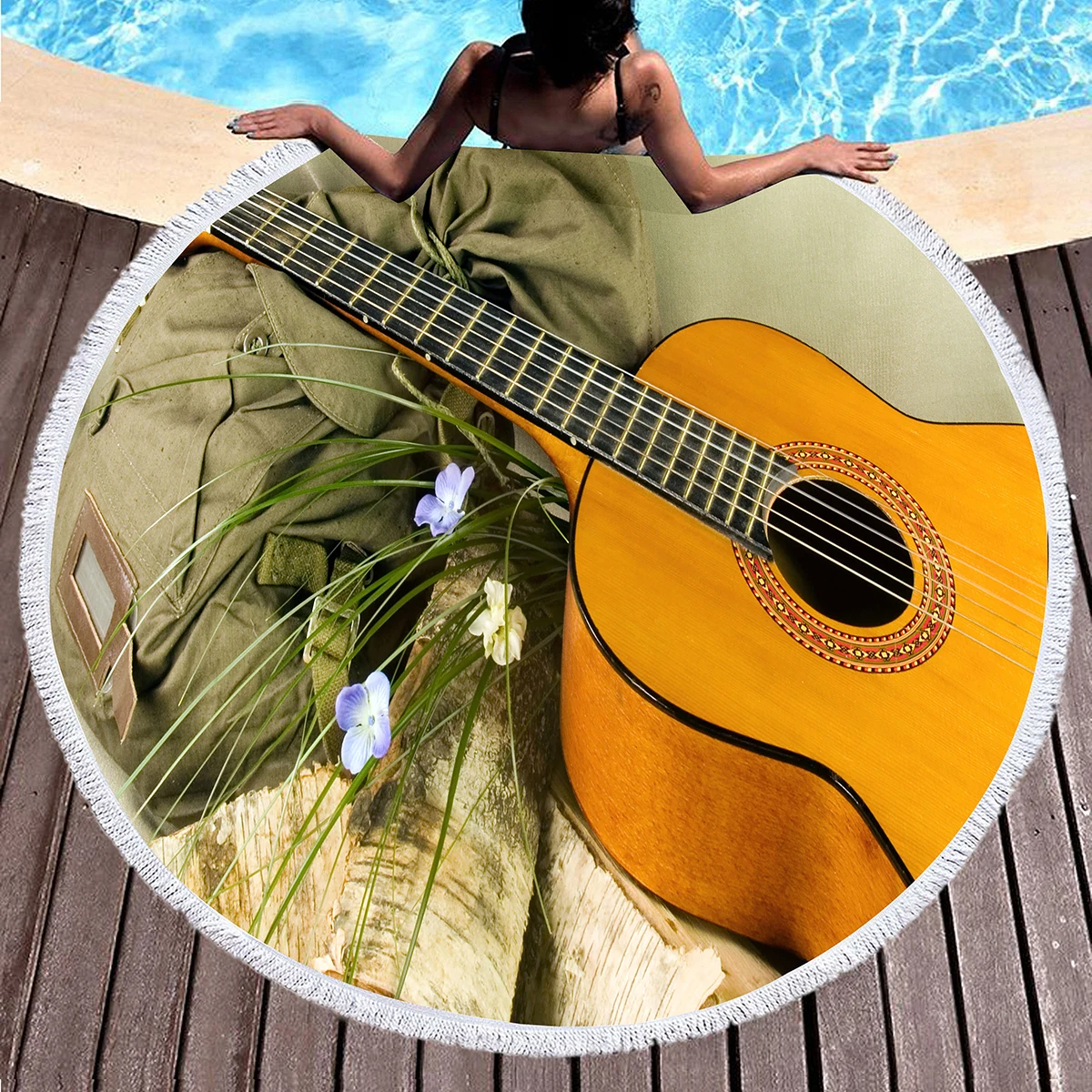 Musical Instrument Guitar Round Beach Towel, Microfiber Sand Free Quick Dry Circle Bath Towel Absorbent Meditation Rug Yoga Mat