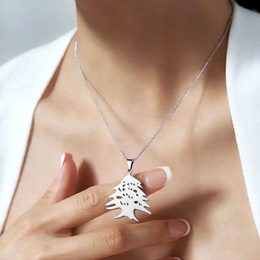 Lebanon Cedar Tree Pendant Necklace for Men Women Stainless Steel Lebanese National Tree Jewelry Gift for Lebanon Culture Lovers
