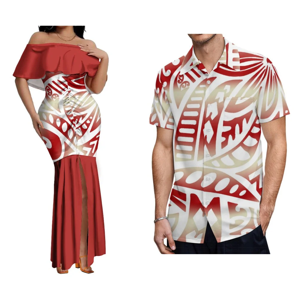 Conjunto de ropa con estampado de arte polinesiano para mujer, vestido de un hombro con estampado Floral Hawaiano, camisa para hombre, ocasión Formal, conjunto de parejas de samoana