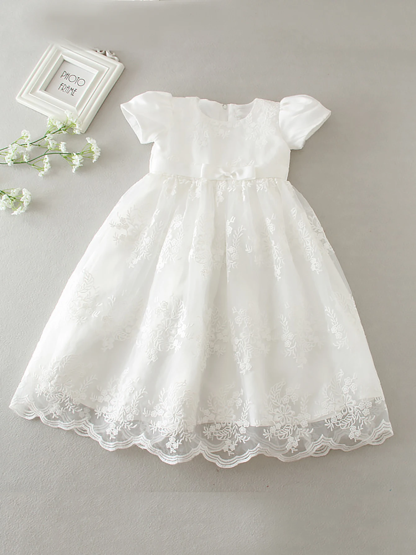 White Satin Toddler Dress Baby Girl Christening Gown Formal Special Occasion Dresses for Infant