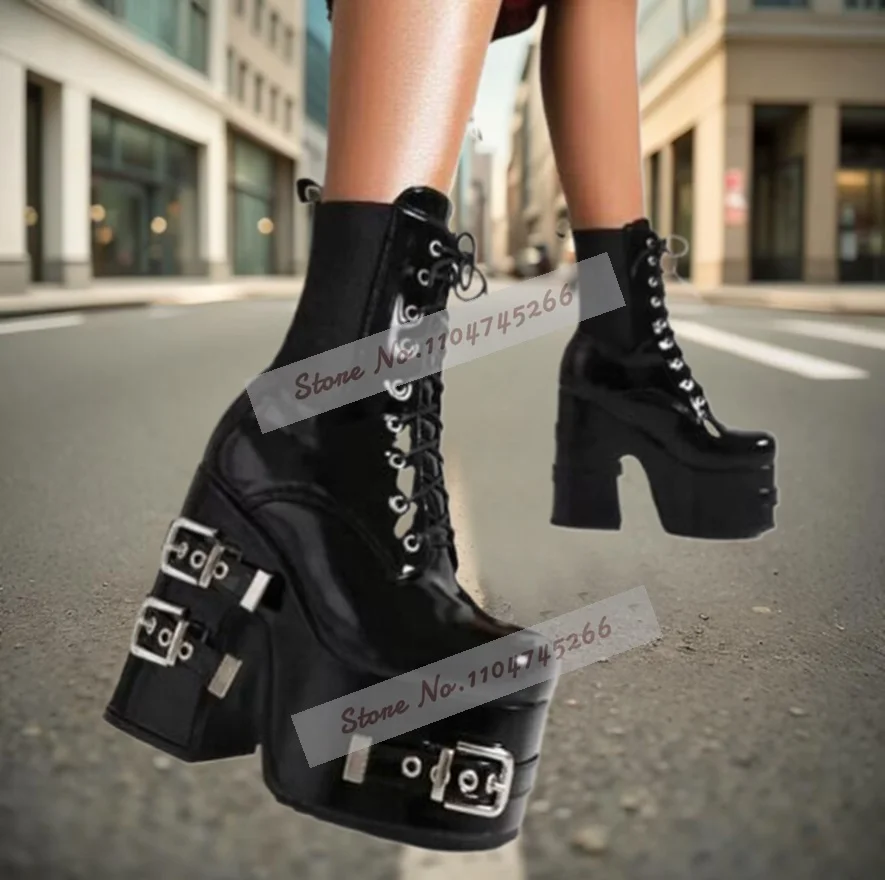 

Черные ботильоны на большой массивном каблуке с металлическим ремешком и пряжкой в стиле панк, ботильоны на высокой платформе со шнуровкой, лоскутная обувь для вечеринок на блочном каблуке