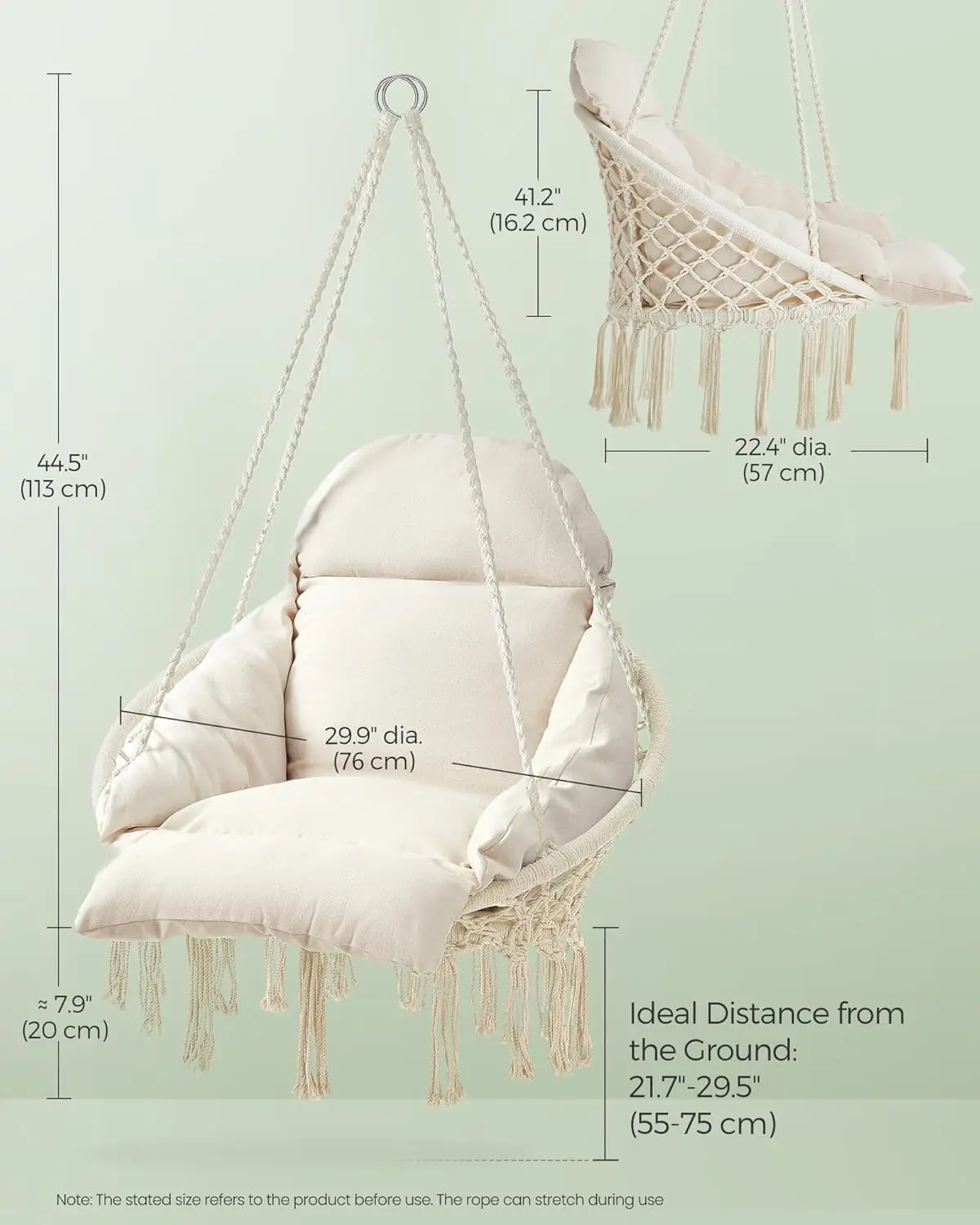 Hanging Chair, Hammock Chair with Large, Thick Cushion, Boho Swing Chair