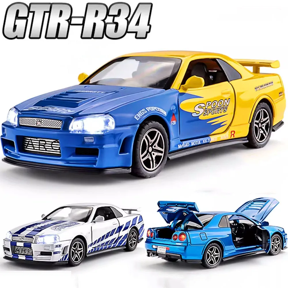 

Модель 1:32, GTR R34, игрушечный спортивный автомобиль, литые под давлением двери из сплава, открытые откатные звуки, свет, амортизирующее украшение, суперкар для детей