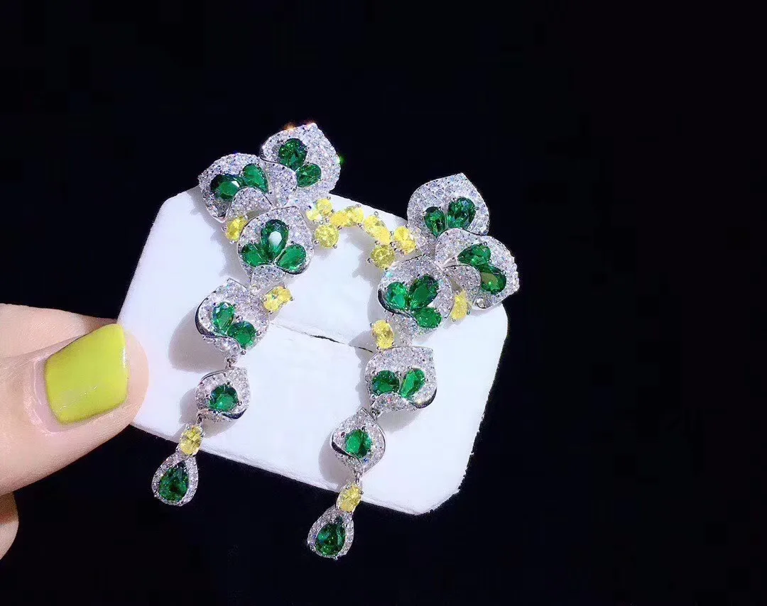 Emerald Silver Earrings Women's 925 Silver Needle Zircon Long Silver Stud Earrings Pendant 6