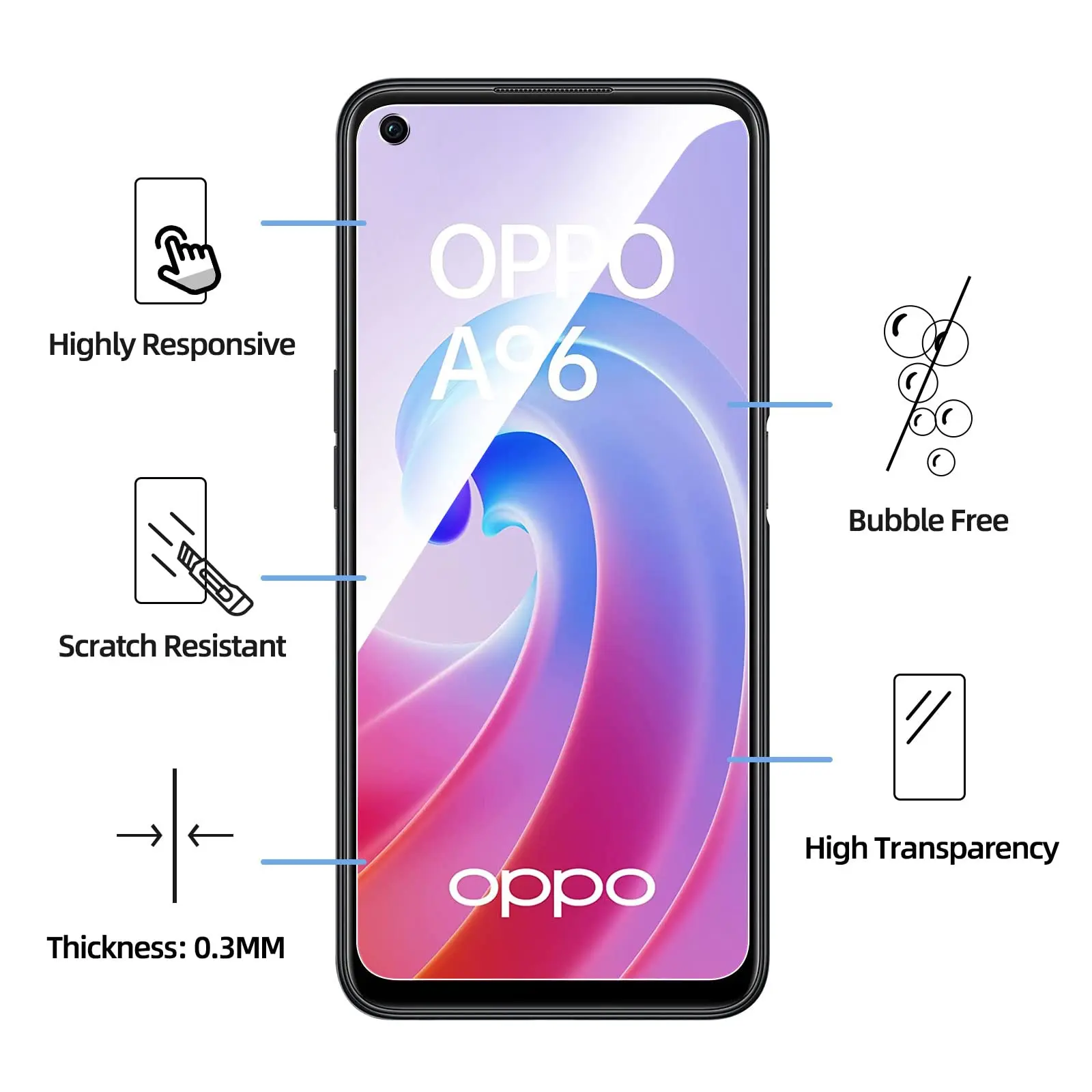 Ochraniacz ekranu do OPPO A96, szkło hartowane HD 9H wysoki aluminiowy kryształ przezroczysty przezroczysty futerał odporny na zarysowania