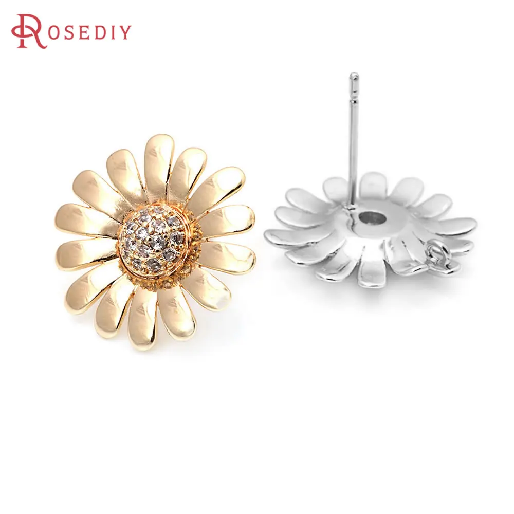 4PCS 18K Gold Color Brass and Zircon Flower Stud Earrings Pins Earrings Women's Earrings High Quality Diy Accessories