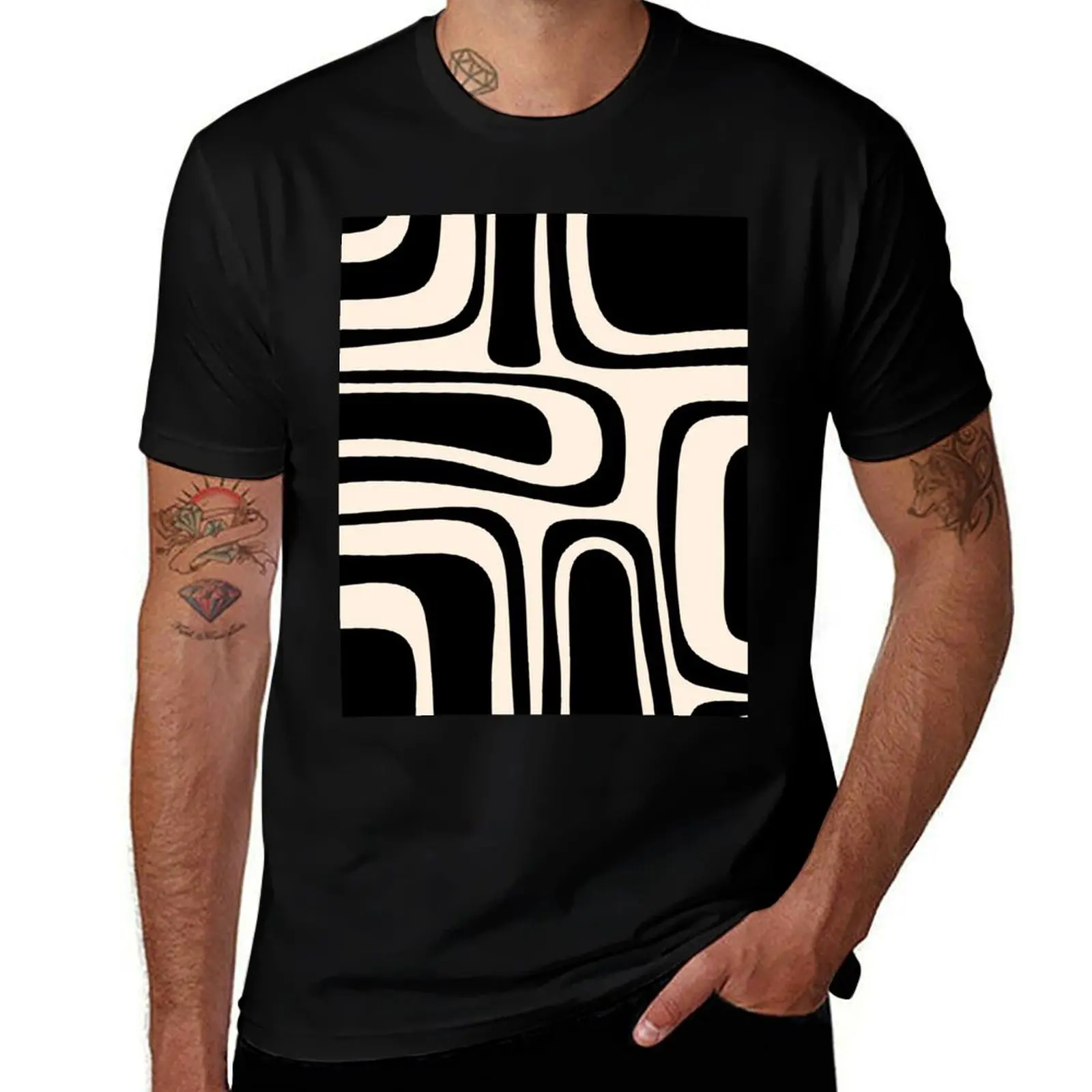 Palm Springs Retro Midcentury Modern Abstract Pattern in Black and Almond Cream T-Shirt blacks mens white t shirts