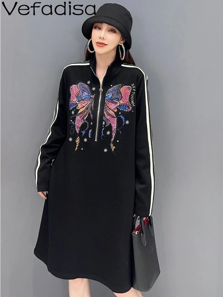 

Vefadisa Black 2024 Autumn New Butterfly Printed Hot Diamond Women Dresses Stand Collar Long Sleeve Hoodie Dress ZXY733A