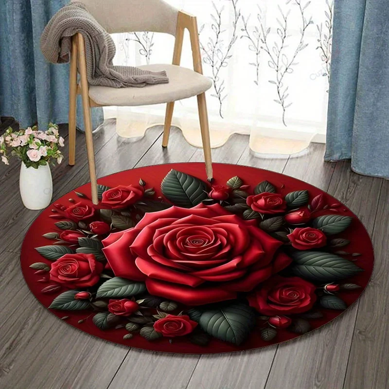 Elegant Red Rose Floral Print Round Cushion Mat Soft Sponge Accent Rug for Home Bathroom Decor Vanity Table Entrance Doormat