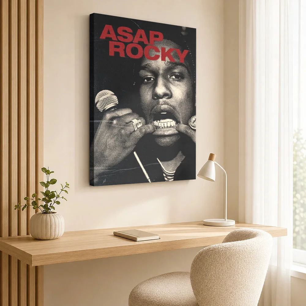 Rapper Performing With Microphone Canvas Print Customized Photo High Contrast Monochrome Wall Art For Music Room Birthday Gift