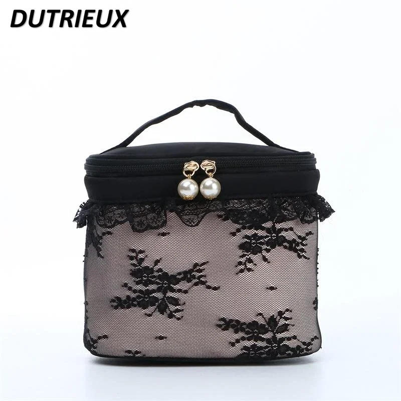 2024 New Make Up Case Sweet Cute Black Lace Portable Women's Cosmetic Bag Barrel Lace Pearl Decoration Medium Makeup Cases