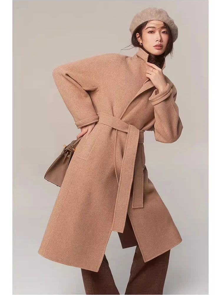 

Женское шерстяное пальто Manman с поясом, из австралийской шерсти и натуральной кожи, смесь Sve Camere, длинное, с воротником-стойкой