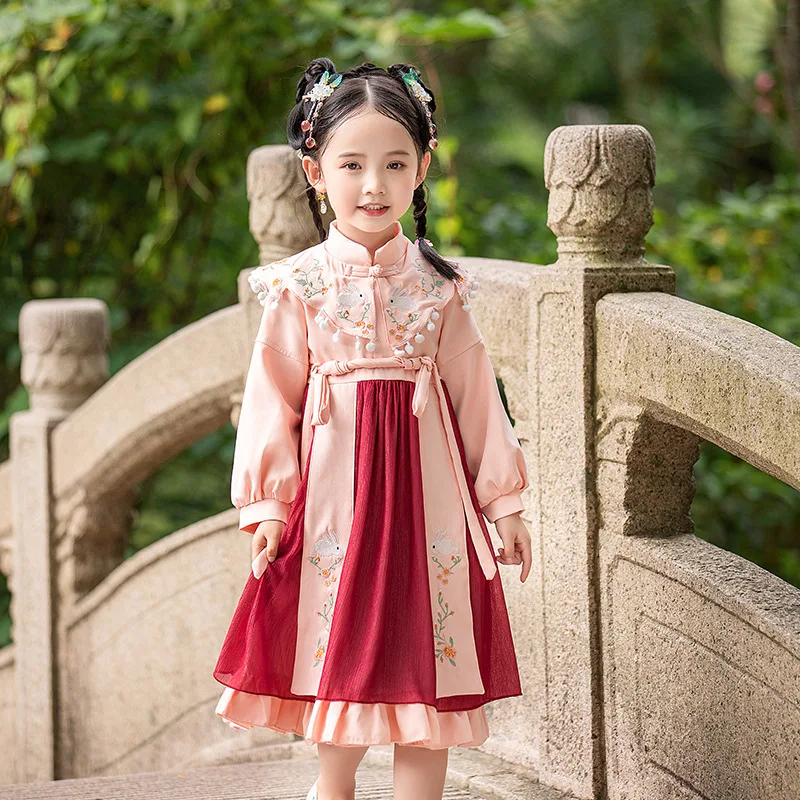 2023 Girls Hanfu Rabbit Embroidery Retro Chinese Style Princess Skirt Dresses Vestido Kids Tang Suit Costume