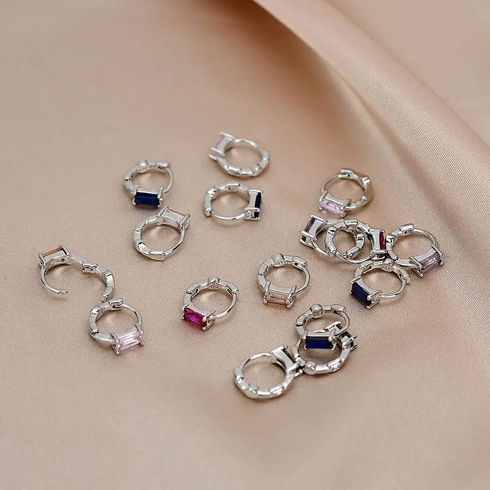 Huggies Earrings Purple white Green Blue Red Square Heart Silver Color Small Hoop Earrings for Women Girls Wedding Jewelry