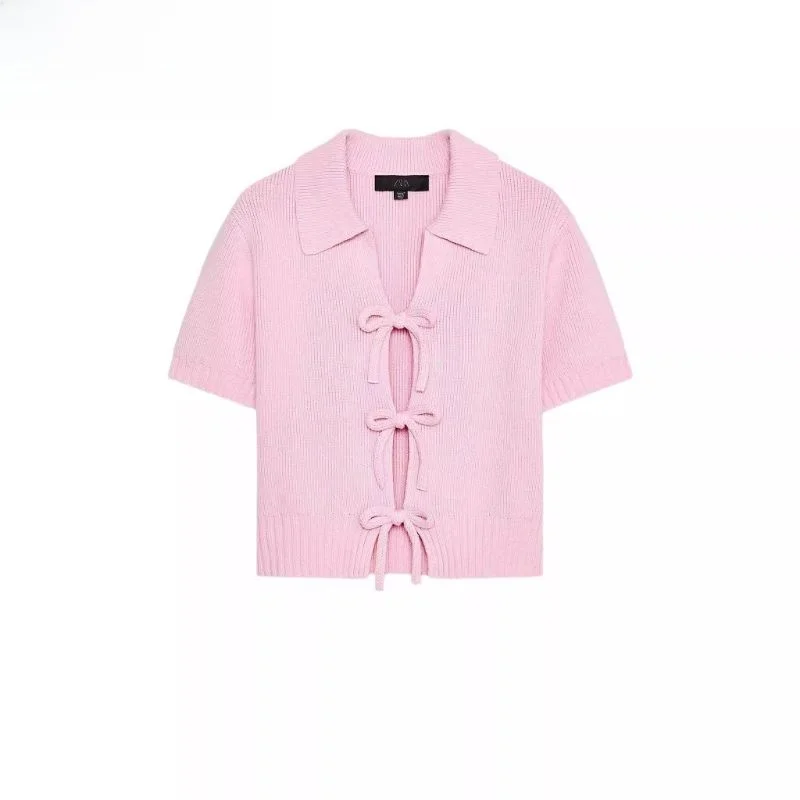 

Spring 2025 Women's Knitted ort Sve round Ne Top Knot Decoration Sweet Fit Pure Color Summer T-irt
