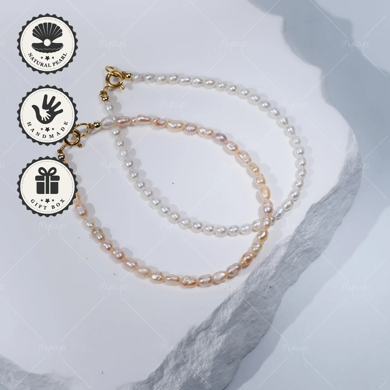 

MYSOYA 3-4mm White and Pink Freshwater Pearl Bracelet with Golden Bubble Clasp, Birthday Gift, Valentine’s Day, Anniversary Gift