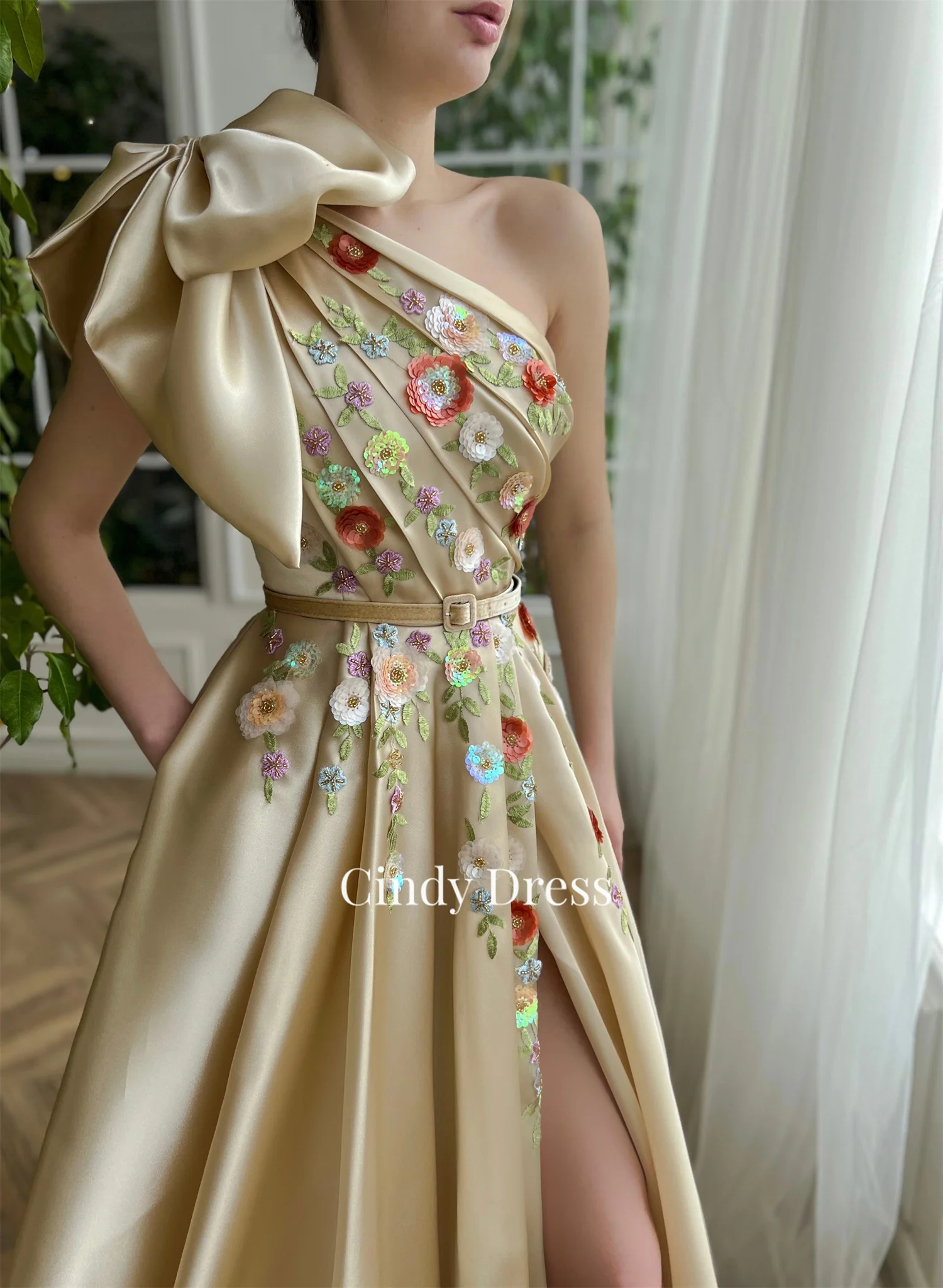 Cindy 3D Sequin Flowers Champagne Big Bow One Shoulder A-line Elegant Evening Dress Woman Customized Luxury Dresses Women 2024