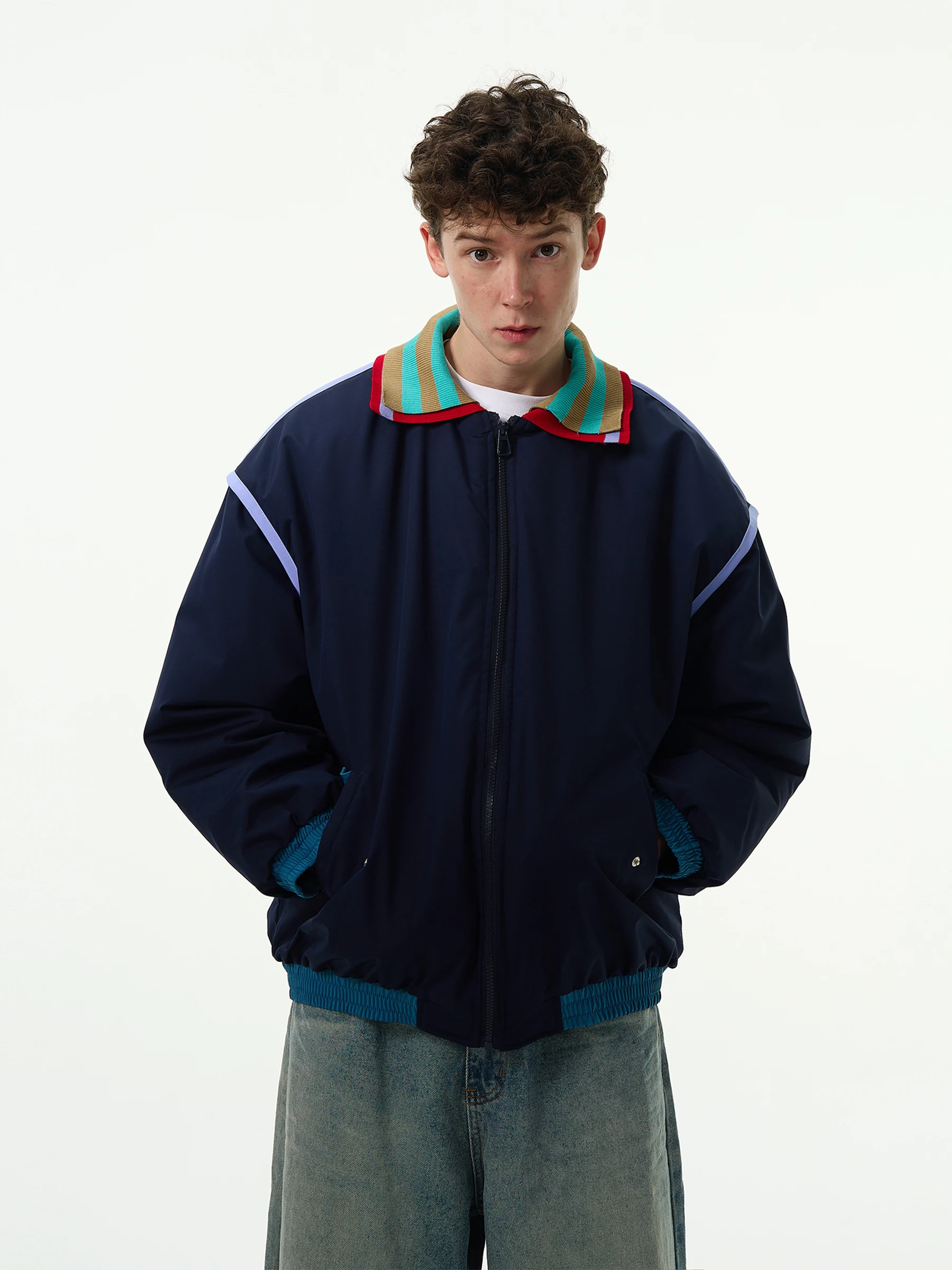 

MADWITCH Autumn Winter American Retro College Sle Loose Casual Double Collar Unique Design Cotton Jaet for Men