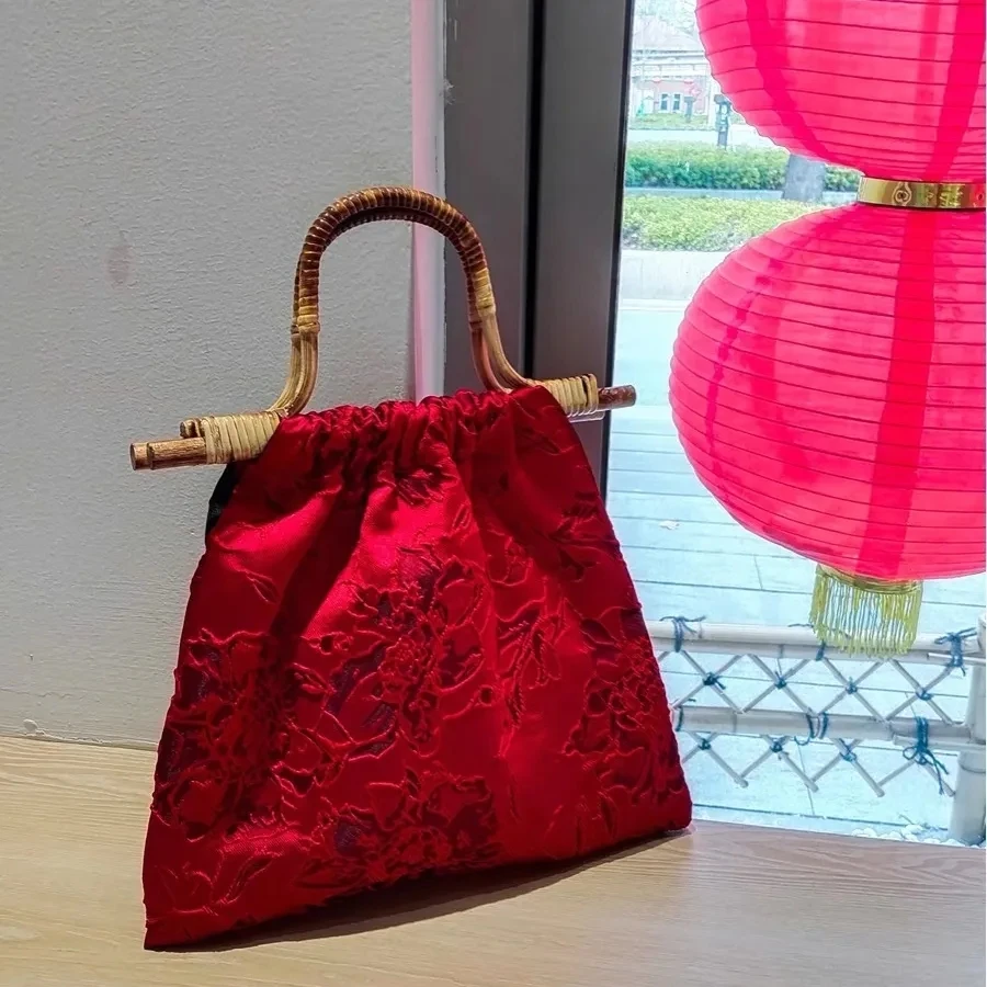 Vintage Classic Red Color Wedding Lace Purses for Women Wood Hand Bag Travel Beach Bags Women\'s Handbags Bag Bags