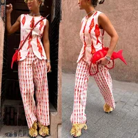 Summer Women Cartoon Red Fish Print O Neck Tank Top And Straight Female Long Pants Short Sleeve Shirt Wide Leg Pant 2 Piece Sets - Image 2