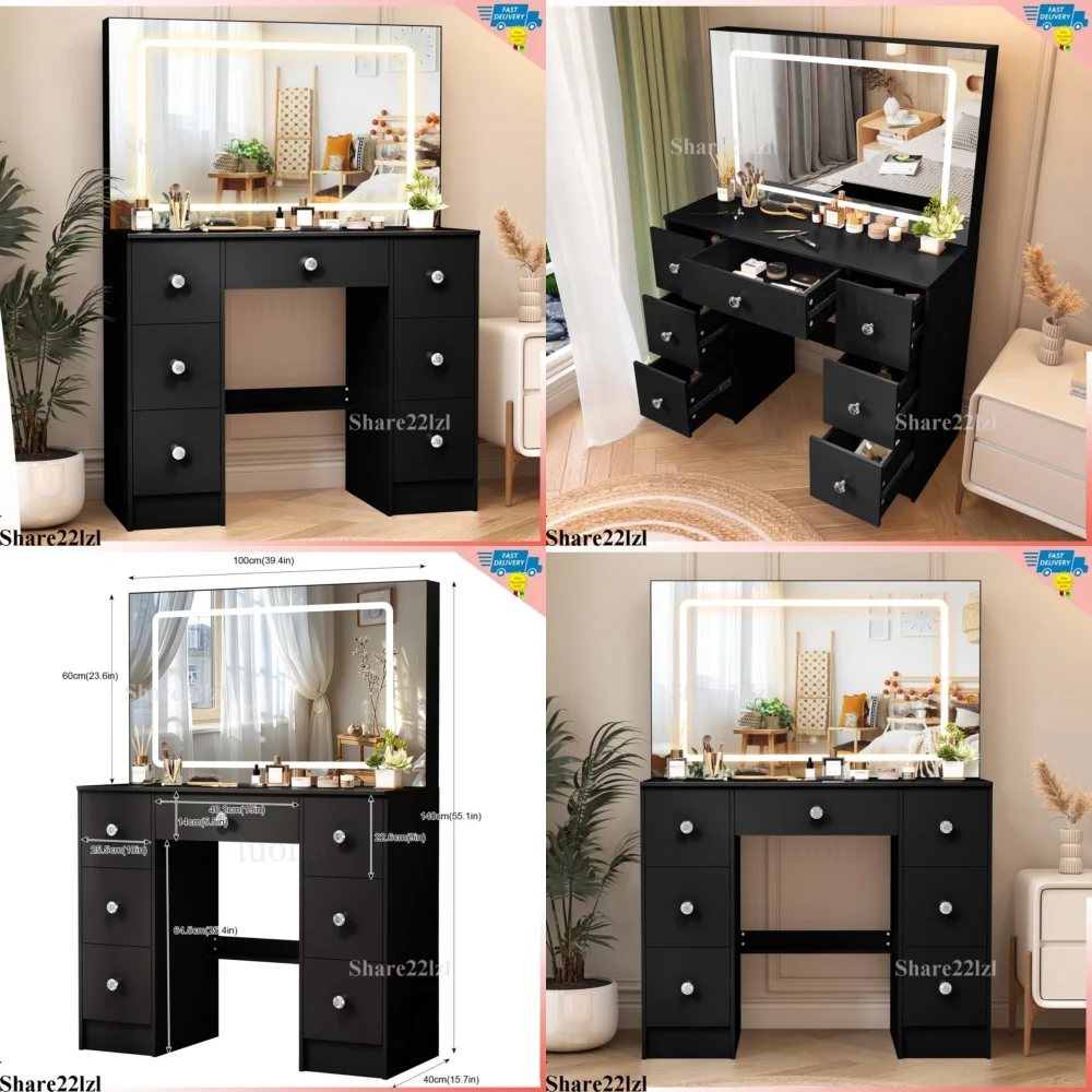 

Makeup VanitiesLarge 7 Drawer Vanity Desk with LED Mirror Makeup Table in Black